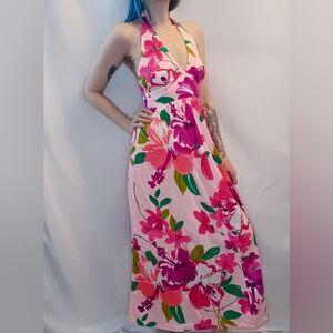 Vintage Hukilau Bright Hibiscus Flowers on Pale Pink Halter Hawaiian Maxi Dress.